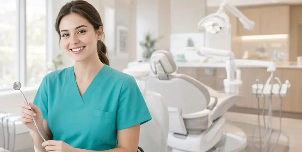 Smiling Brightside dental team member in teal scrubs holding a dental mirror in a bright treatment room